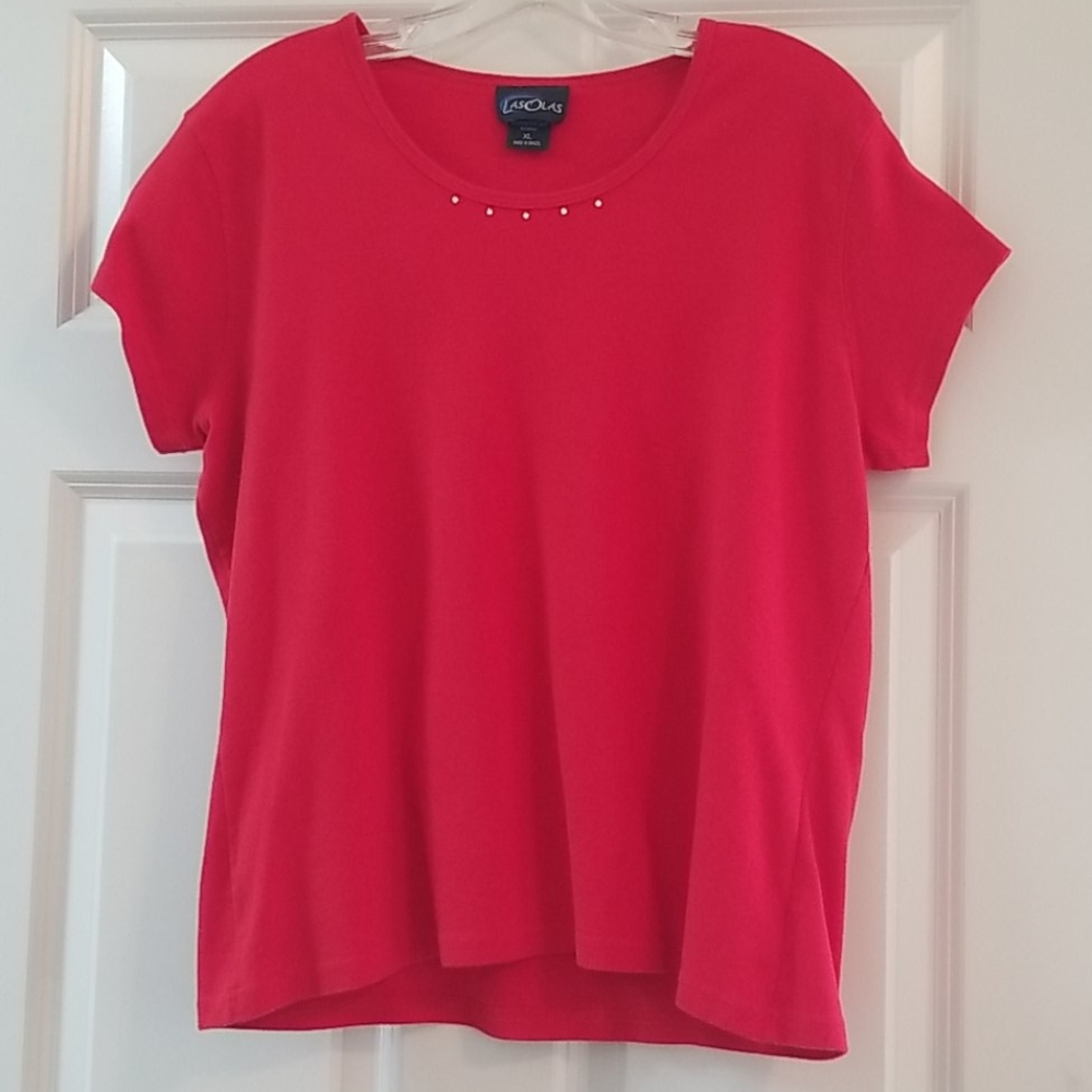 Red short sleeved jeweled shirt